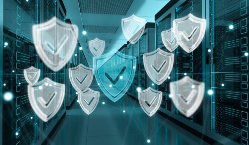 multiple shields with check marks on blue overlayed server room background