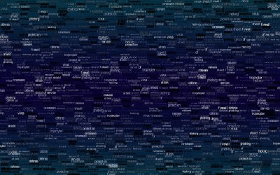 many cybersecurity related words on a dark blue background
