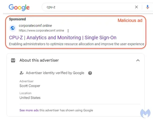 fake cpu-z utility ad on google search