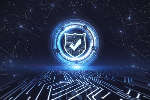 shield with a checkmark on a blue tech background