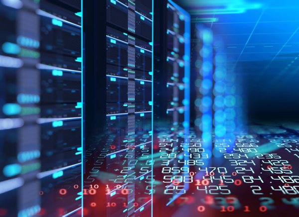 server rack with blue higlights and red data stream