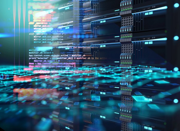 technology concept of a supercomputer server rack on a blue abstract background