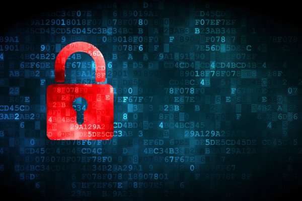 red padlock on a dark blue tech background concept