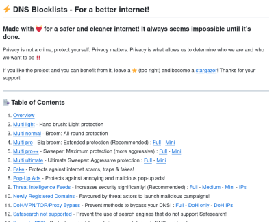 screenshot of hagezi dns blocklist github repository