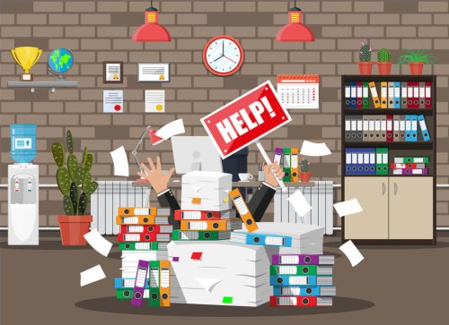 man holding up "help" sign buried underneath a mess of books