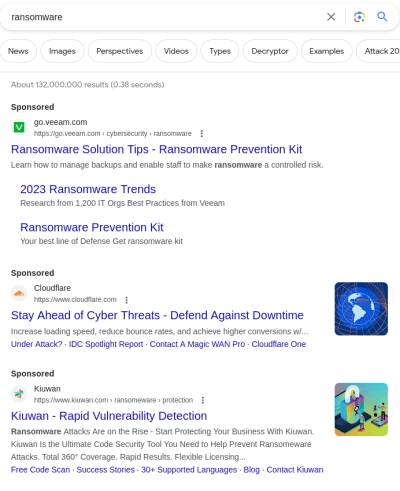paid google search ads for keyword ransomware