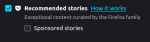screenshot of recommend stories setting in firefox