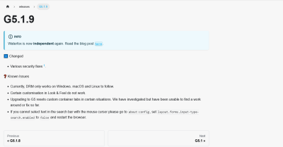 waterfox initial launch showing the latest patch notes and announcement