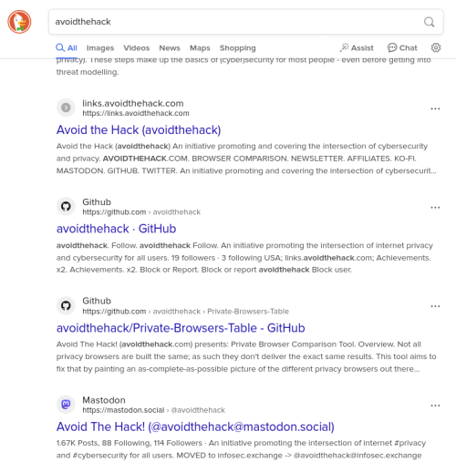 screenshot of duckduckgo search results for avoidthehack