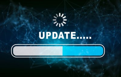 update and loading bar on a dark blue tech background