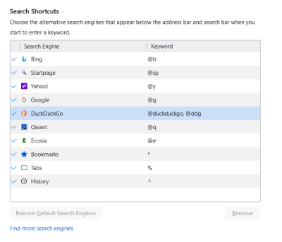 waterfox preferences page for setting default search engine